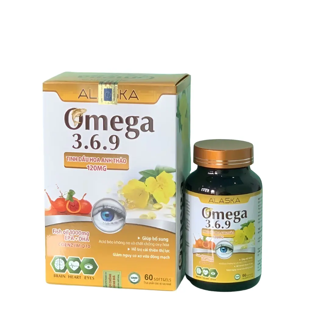 Dầu Cá OMEGA 369 ALASKA Tinh Dầu Hoa Anh Thảo Giúp Giảm Mỡ Máu, Ngăn Ngừa Lão Hóa, Làm Đẹp Da Hộp 60 Viên